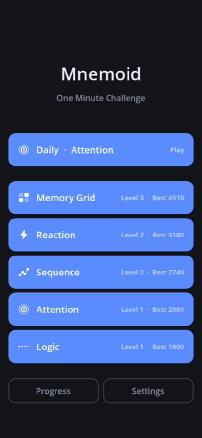 The home screen, listing five workouts with the level and best score for each.
